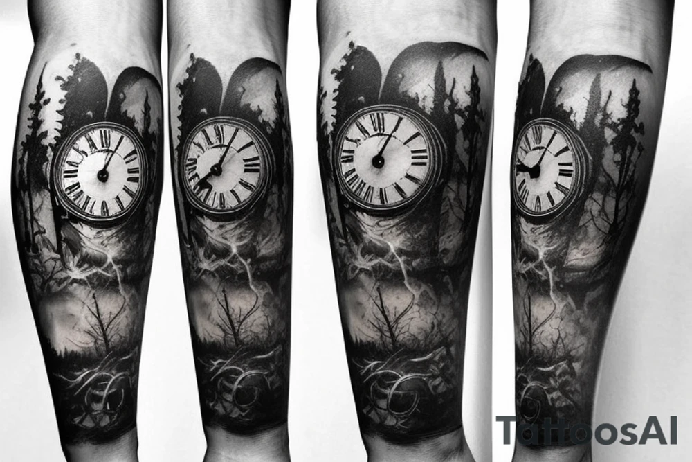Dark Gothic style steam punk broken clocks in a dark forest tattoo idea Dark Gothic style steam punk broken clocks in a dark forest tattoo idea
