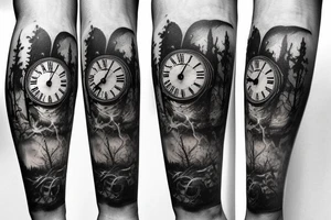 Dark Gothic style steam punk broken clocks in a dark forest tattoo idea