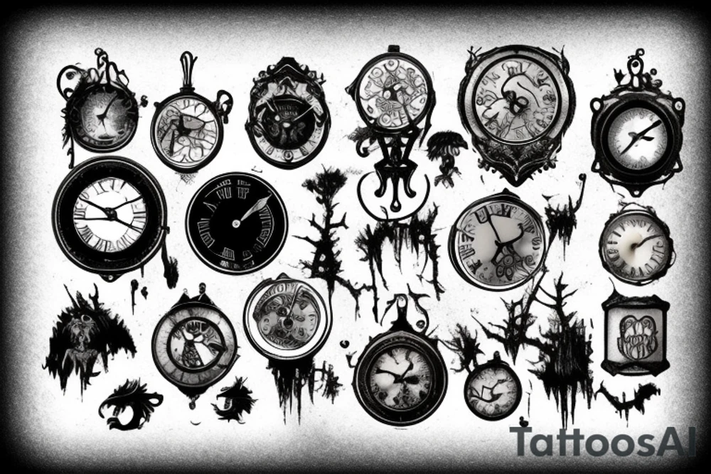 Dark Gothic style steam punk broken clocks in a dark forest tattoo idea