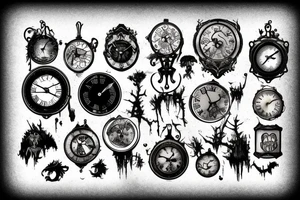 Dark Gothic style steam punk broken clocks in a dark forest tattoo idea