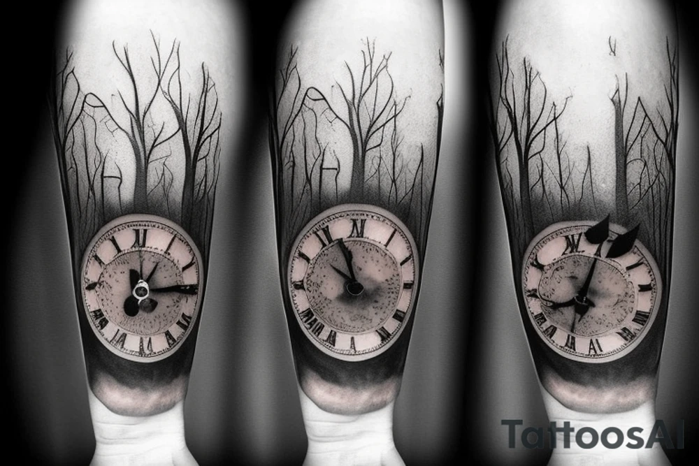 Dark Gothic style broken clocks in a dark forest tattoo idea
