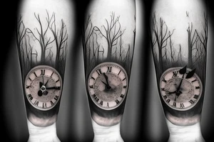 Dark Gothic style broken clocks in a dark forest tattoo idea