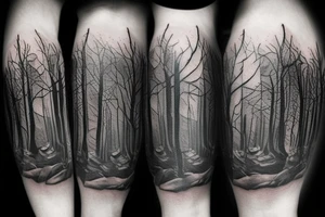 Dark Gothic style broken clocks in a dark forest tattoo idea