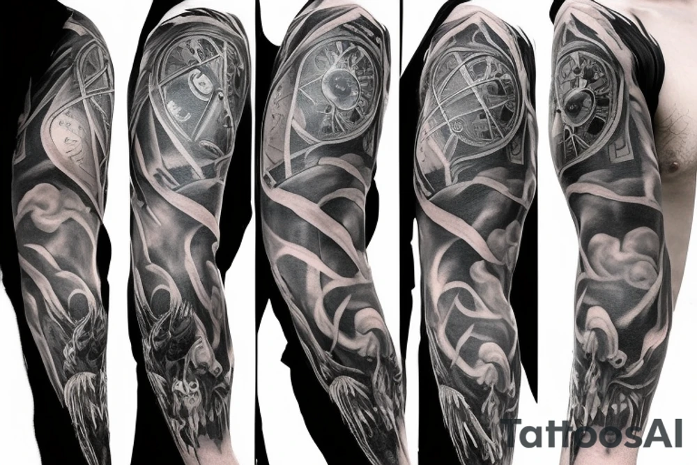 hyper realistic Dark Gothic style time being lost sleeve tattoo tattoo idea