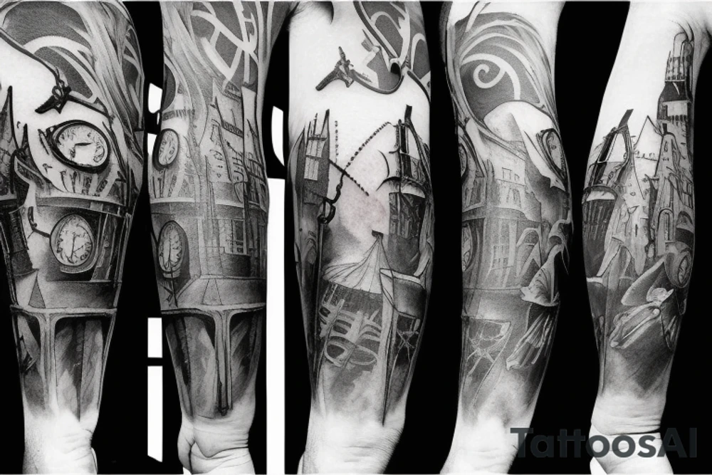 hyper realistic Dark Gothic style time being lost to alcohol sleeve tattoo tattoo idea
