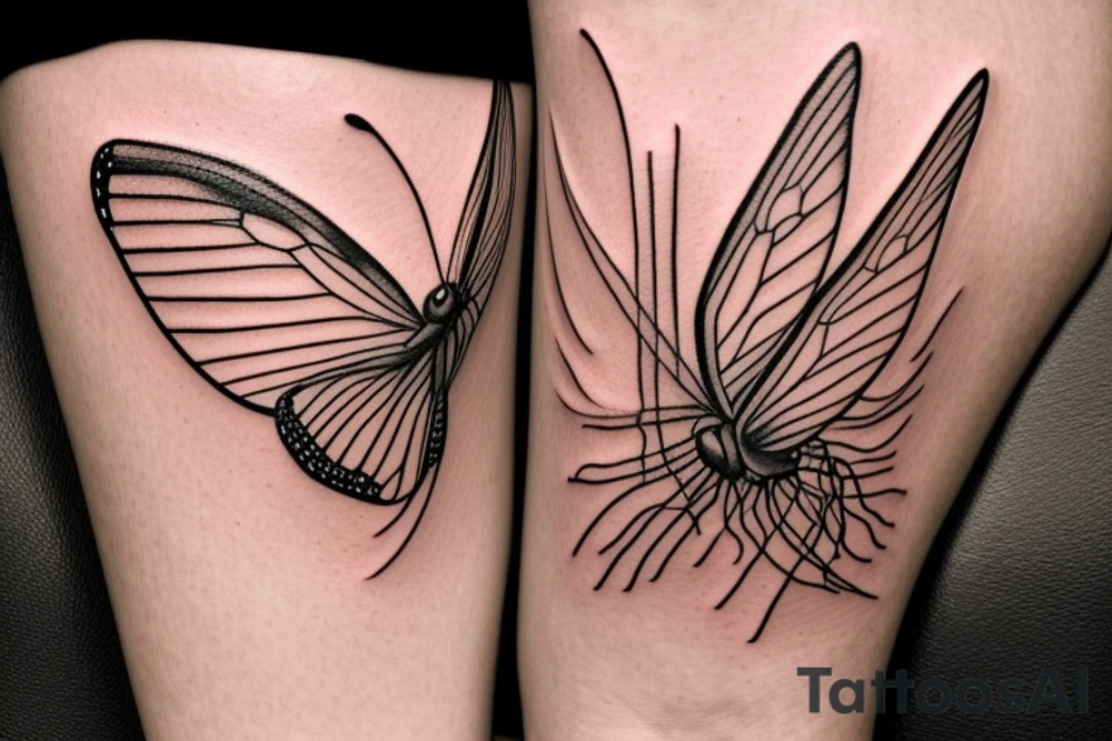 small delicate butterfly kissing a sunflower. color and delicate lines that look realistic tattoo idea