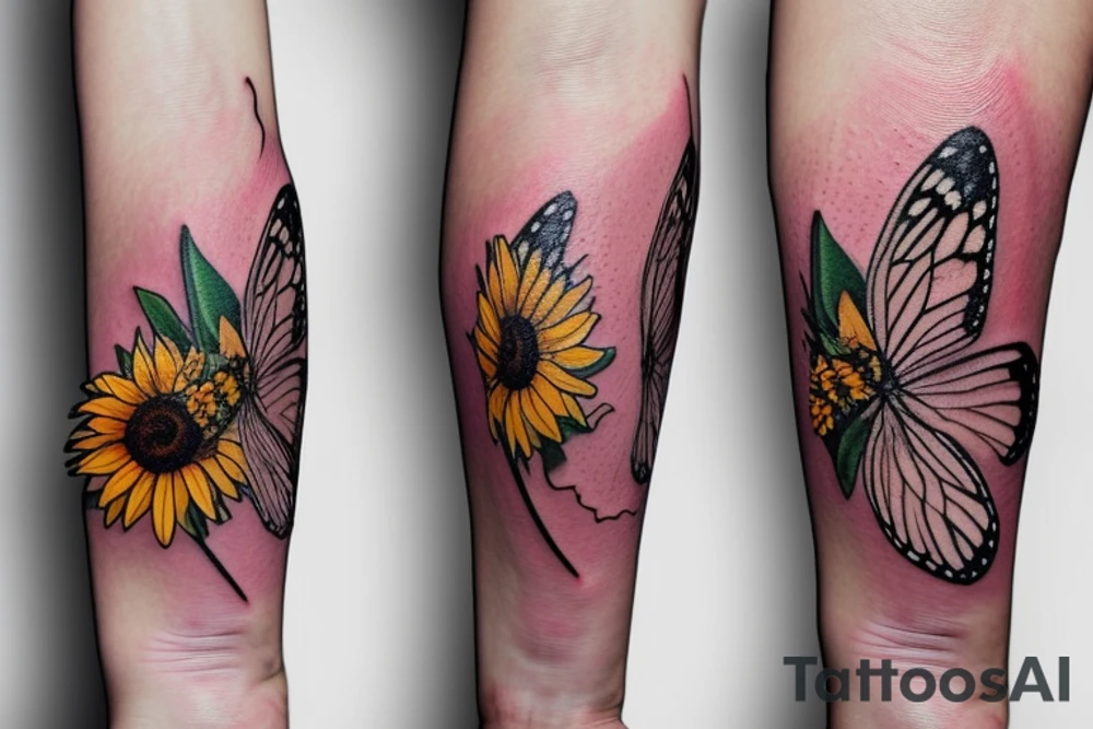 small delicate butterfly kissing a sunflower. color and delicate lines that look realistic tattoo idea