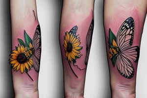 small delicate butterfly kissing a sunflower. color and delicate lines that look realistic tattoo idea