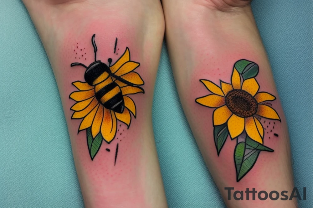 small delicate bee kissing a sunflower. color and delicate lines that look realistic tattoo idea