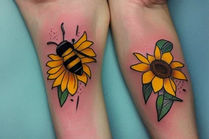 small delicate bee kissing a sunflower. color and delicate lines that look realistic tattoo idea