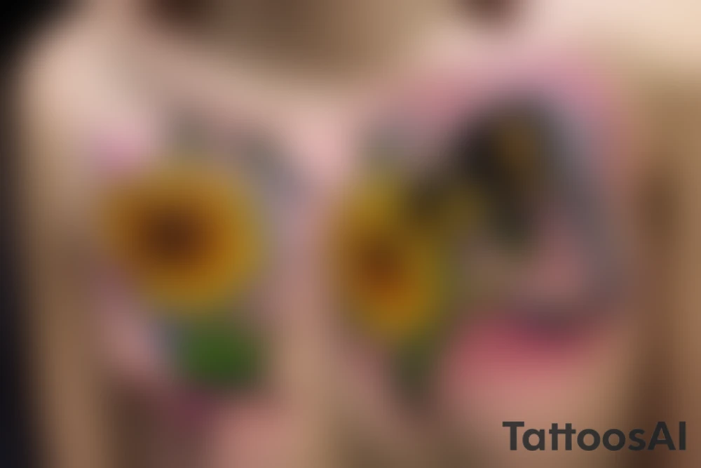small delicate bee kissing a sunflower. color and delicate lines that look realistic tattoo idea