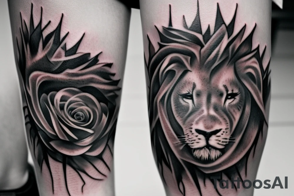 Rose, crown of thorns, lion tattoo idea