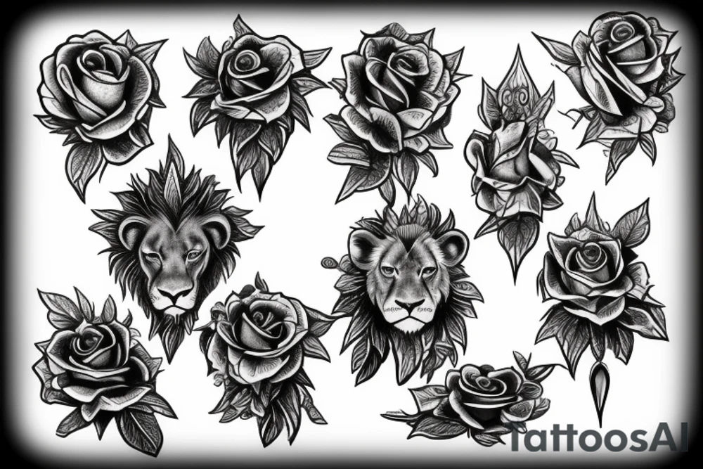 Rose, crown of thorns, lion tattoo idea
