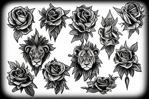 Rose, crown of thorns, lion tattoo idea