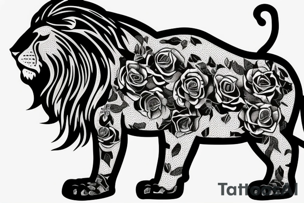 Lion standing on bed of roses tattoo idea