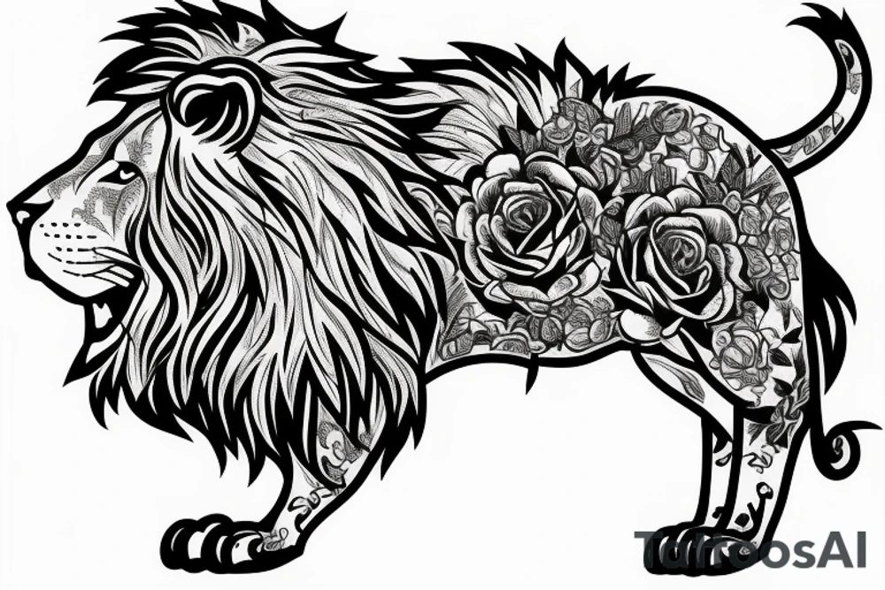 Lion standing on bed of roses tattoo idea