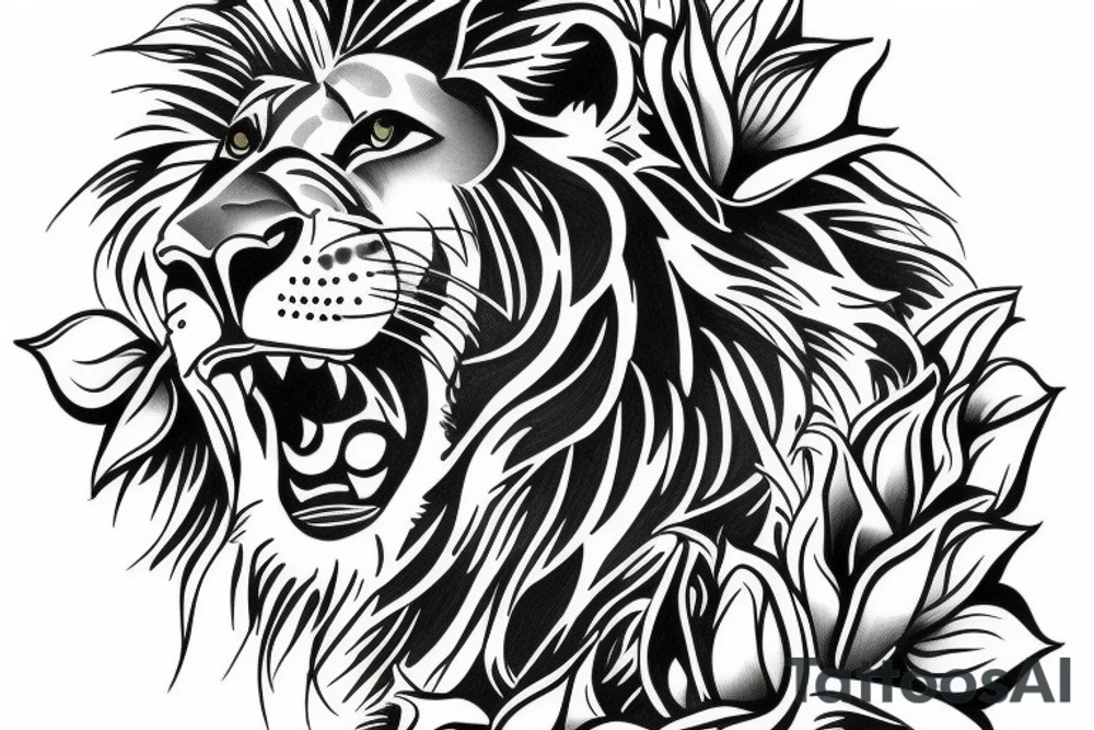 Lion standing on bed of roses tattoo idea