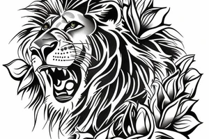 Lion standing on bed of roses tattoo idea