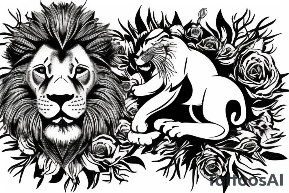 Lion standing on bed of roses tattoo idea