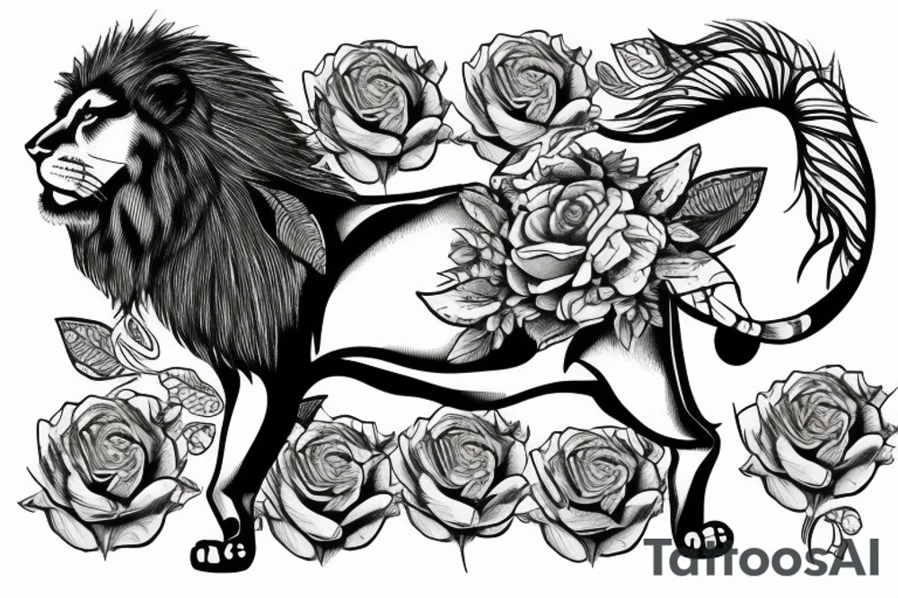 Lion standing on bed of roses tattoo idea