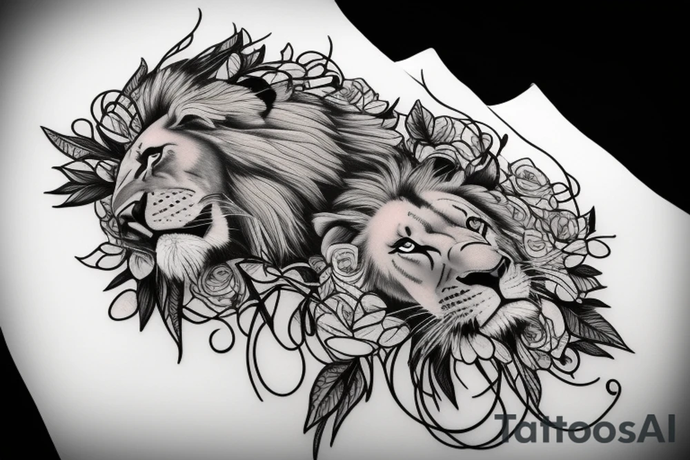 Lion standing on bed of roses tattoo idea