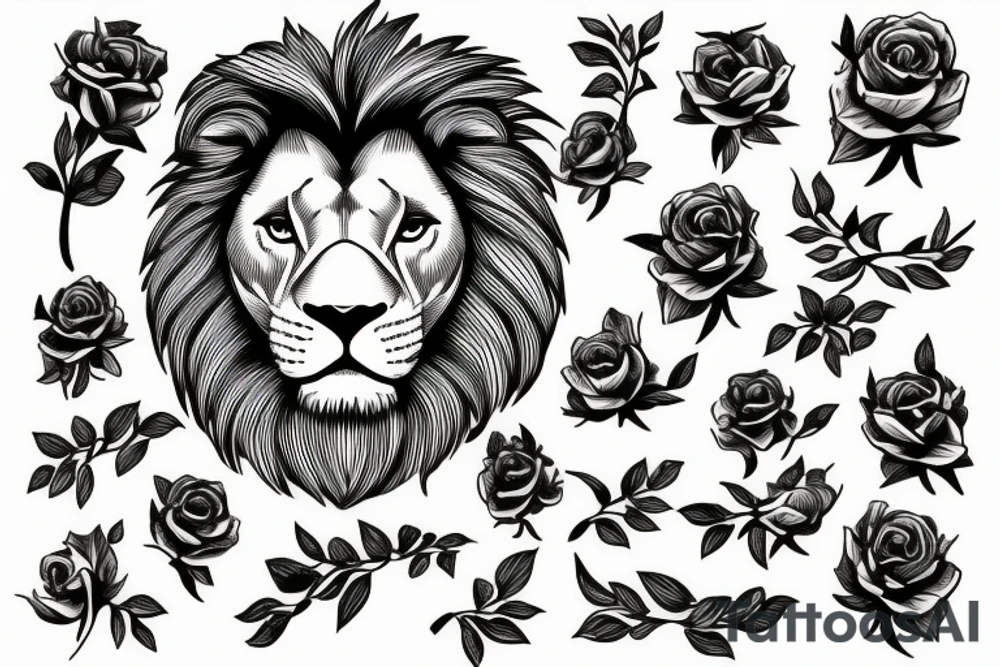 Lion standing on bed of roses tattoo idea
