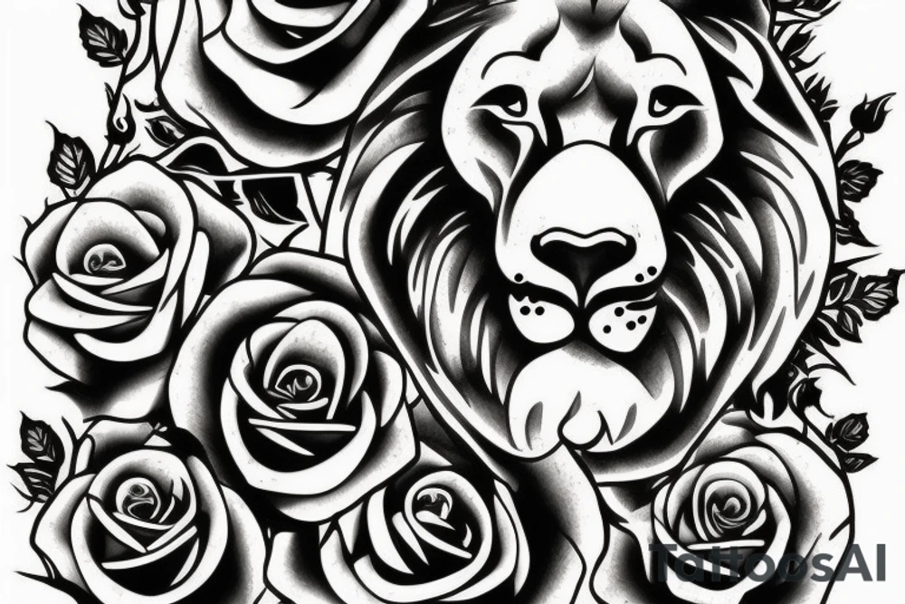 Lion, roses, flames tattoo idea