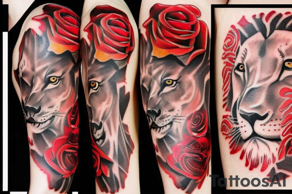 Lion, roses, flames tattoo idea