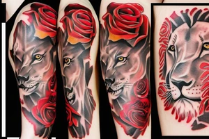 Lion, roses, flames tattoo idea