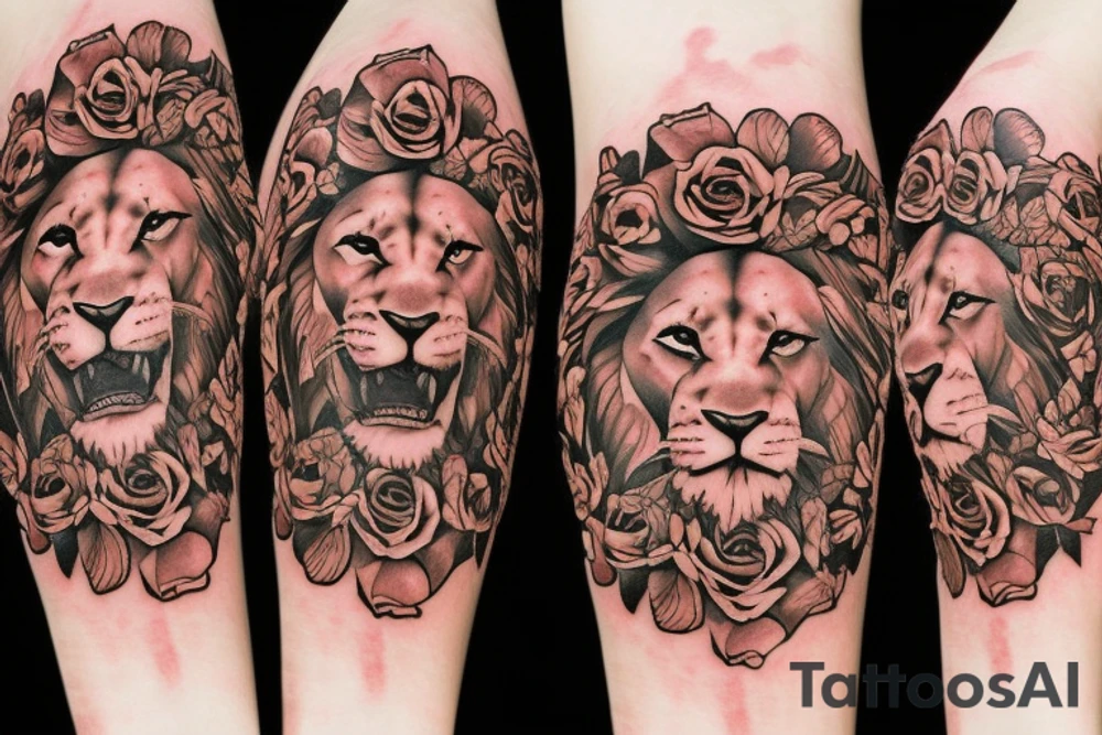 Lion, roses, flames tattoo idea