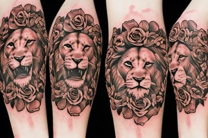 Lion, roses, flames tattoo idea