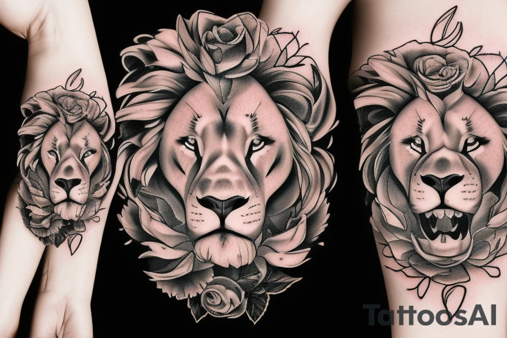 Lion, roses, flames tattoo idea