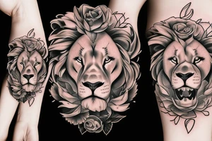 Lion, roses, flames tattoo idea