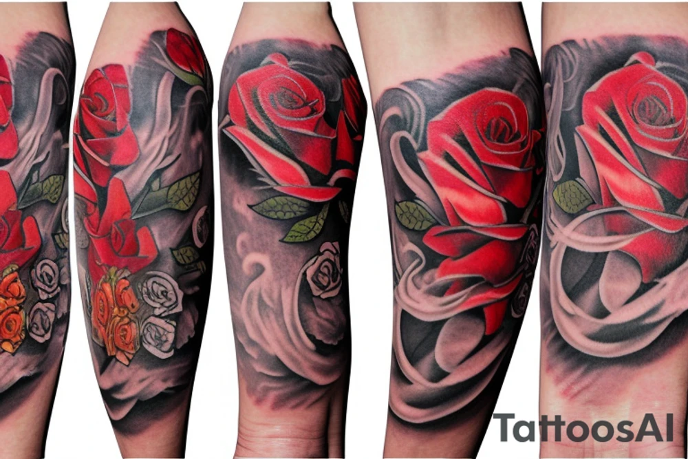 Lion, roses, flames tattoo idea