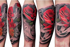 Lion, roses, flames tattoo idea