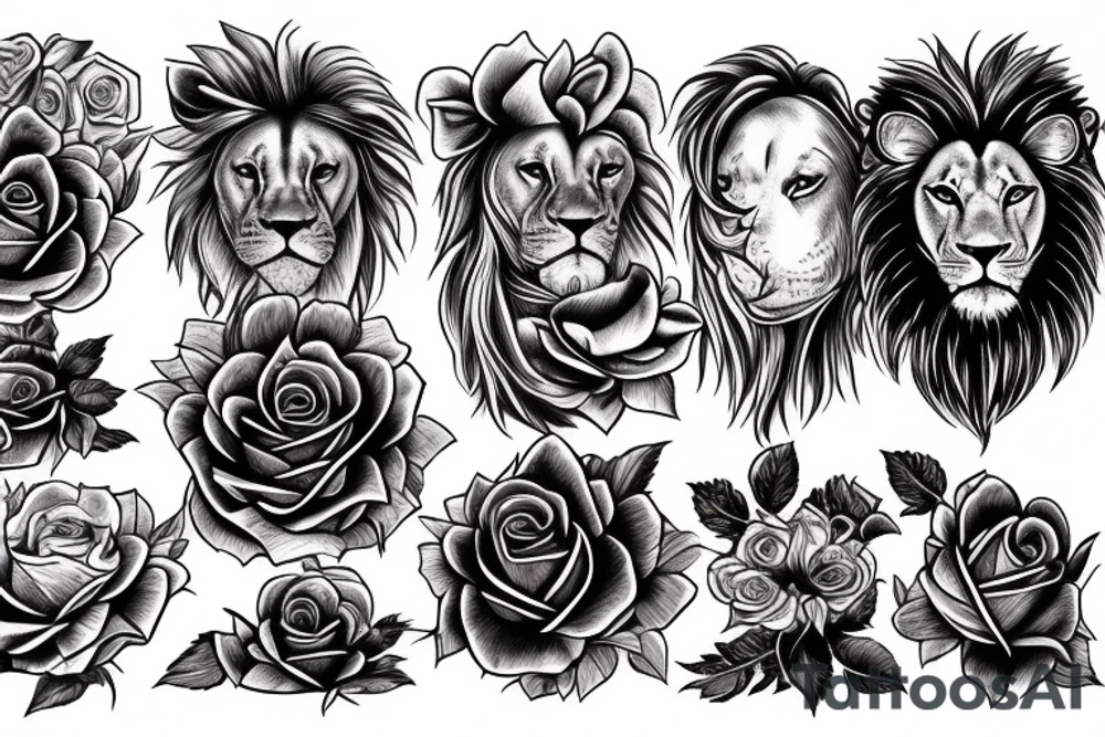 Lion, roses, flames tattoo idea