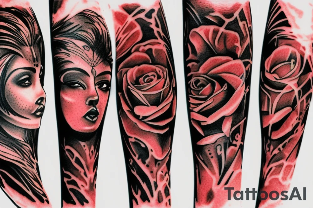 Lion, rose and flame collage tattoo idea