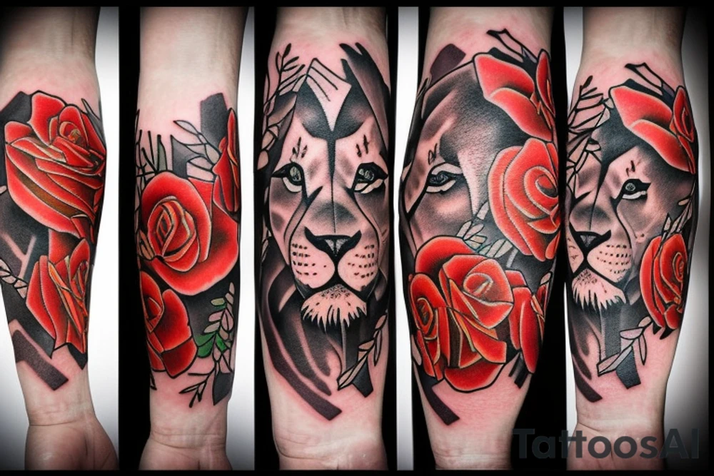 Lion, rose and flame collage tattoo idea