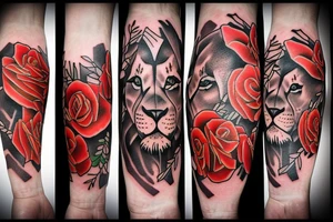 Lion, rose and flame collage tattoo idea