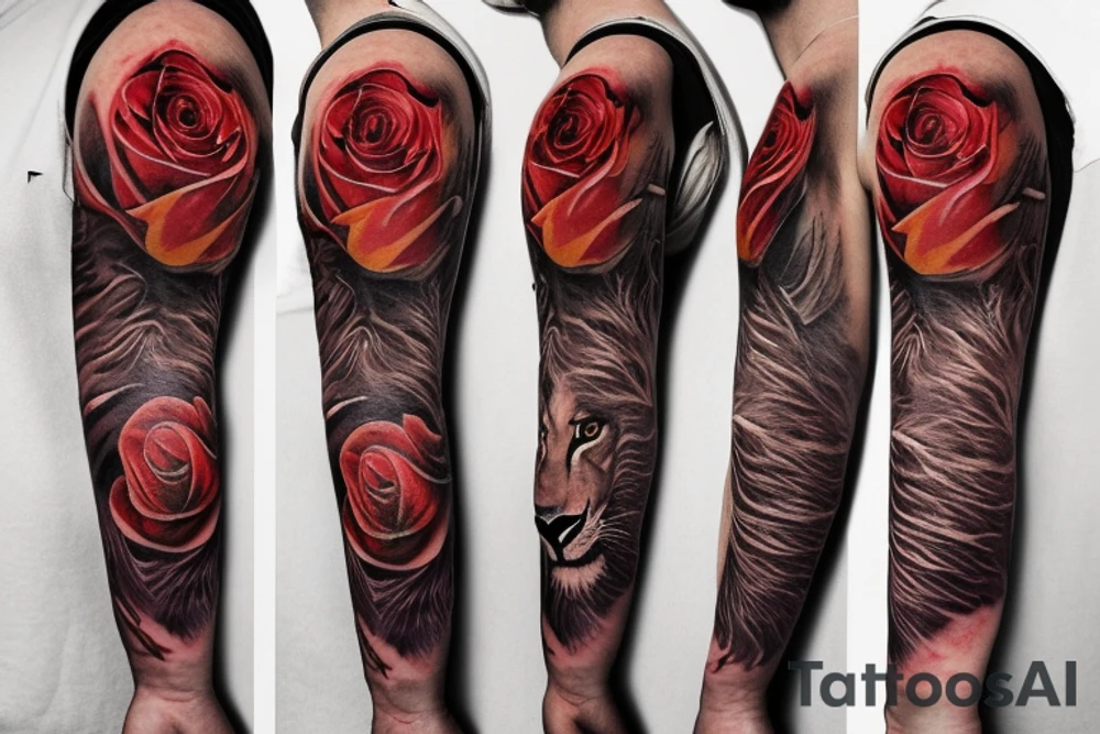 Lion, rose and flame collage tattoo idea