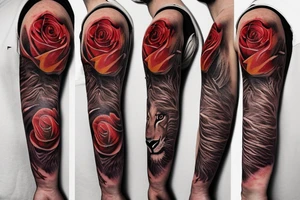 Lion, rose and flame collage tattoo idea