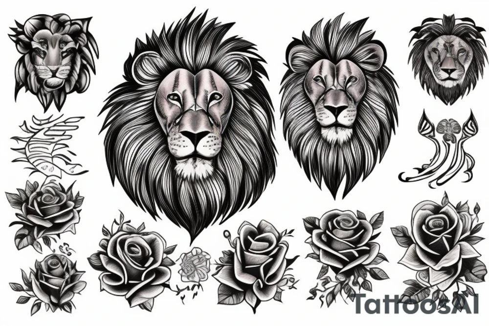Lion, rose and flame collage tattoo idea