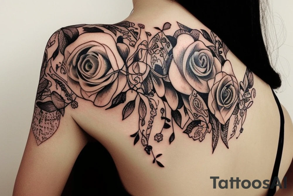 string of hearts realistic bohemian plant tattoo dangling on woman's shoulder. tattoo idea