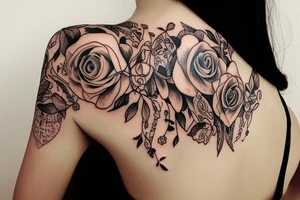 string of hearts realistic bohemian plant tattoo dangling on woman's shoulder. tattoo idea