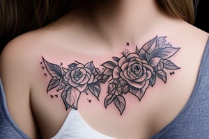 string of hearts realistic bohemian plant tattoo dangling on woman's shoulder. tattoo idea