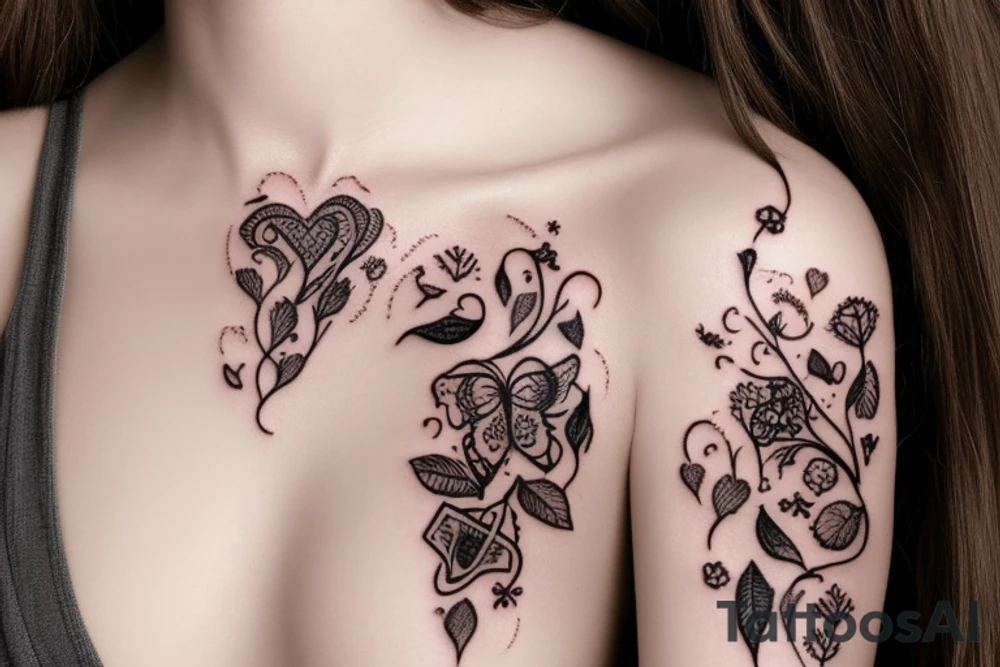a string of hearts realistic bohemian plant tattoo dangling on a woman's shoulder intertwined with wildfllowers tattoo idea