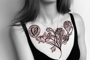 a string of hearts realistic bohemian plant tattoo dangling on a woman's shoulder intertwined with wildfllowers tattoo idea