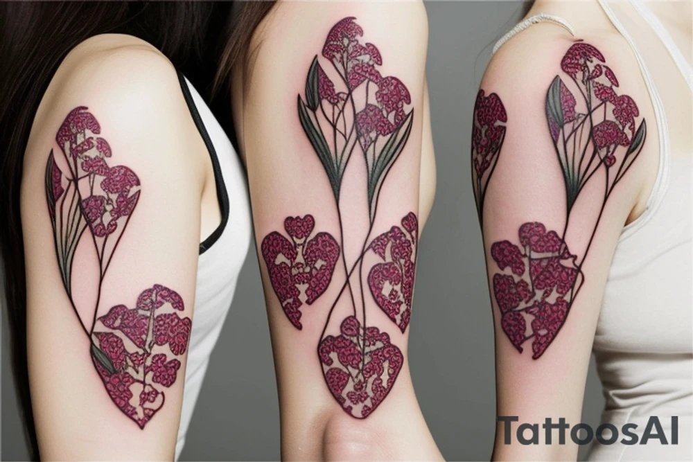 a string of hearts realistic looking bohemian plant tattoo dangling on a woman's shoulder intertwined with wildflowers tattoo idea