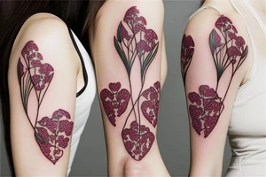 a string of hearts realistic looking bohemian plant tattoo dangling on a woman's shoulder intertwined with wildflowers tattoo idea