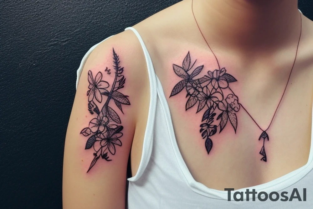a string of hearts realistic looking bohemian plant tattoo dangling on a woman's shoulder intertwined with wildflowers tattoo idea